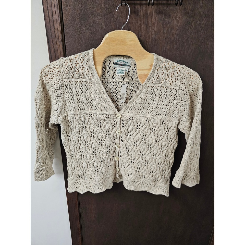 Aran Crafts Ireland Cotton Linen Pointelle Knit Cardigan Beige XXL A263772
